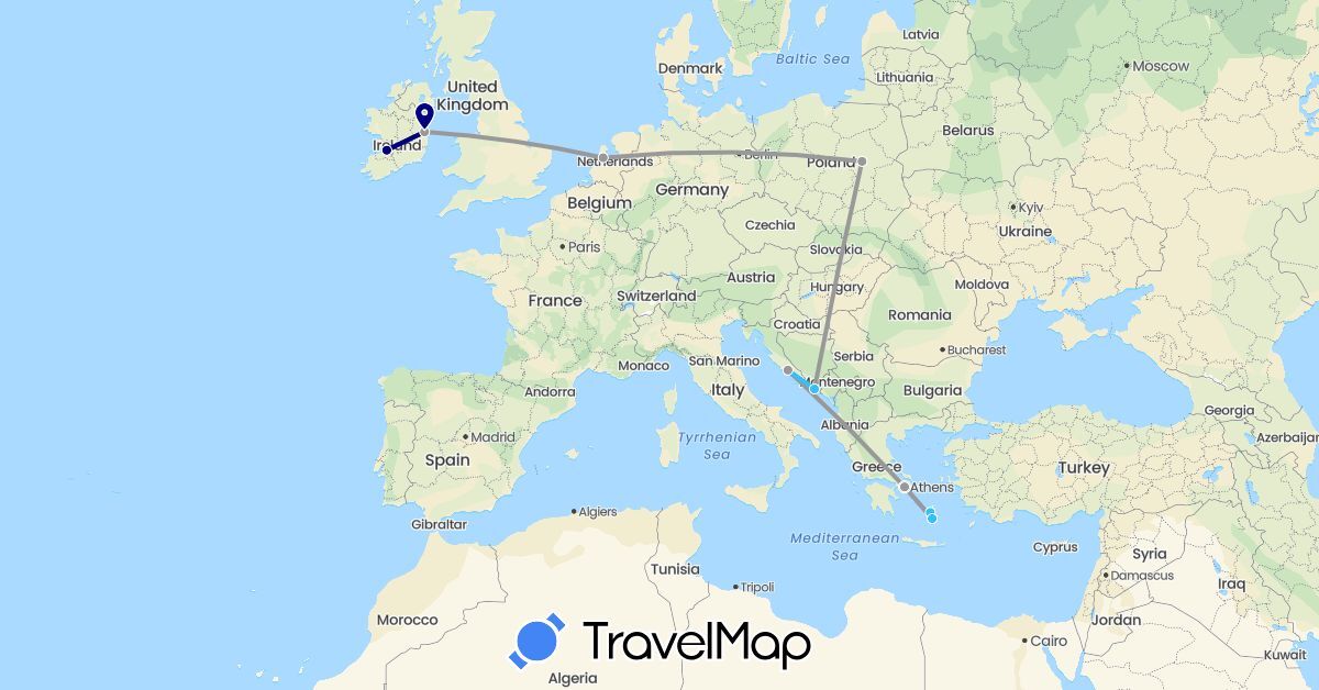 TravelMap itinerary: driving, plane, boat in Greece, Croatia, Ireland, Netherlands, Poland (Europe)