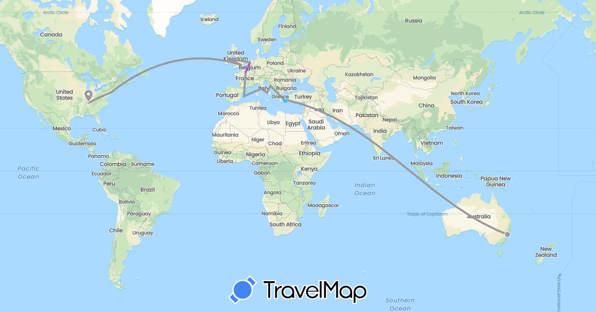 TravelMap itinerary: driving, plane, train, boat in Australia, Spain, France, United Kingdom, Greece, Croatia, Ireland, Italy, Netherlands, United States (Europe, North America, Oceania)